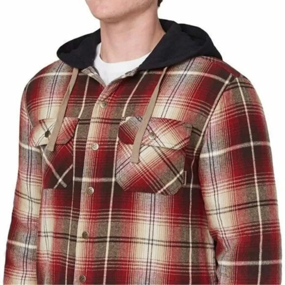 Mens Medium Plaid Flannel Lined Hoodie Shirt‎ Jacket Red Tan Black Warm Casual